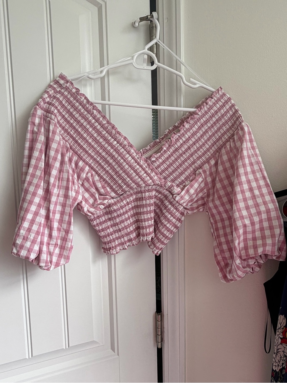 Abercrombie Smocked Pink Gingham Off-Shoulder Crop Top